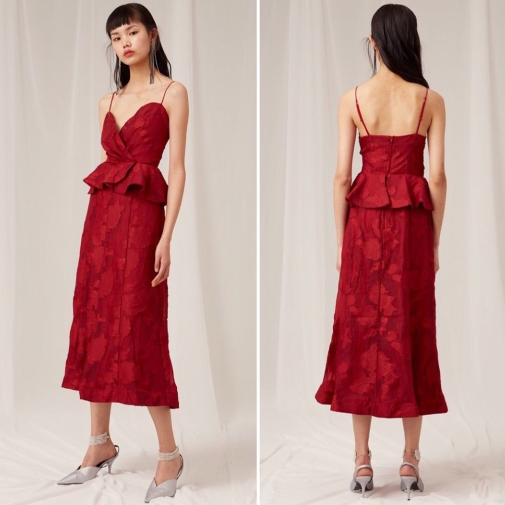 Keepsake the Label Offset Midi Dress in Rouge